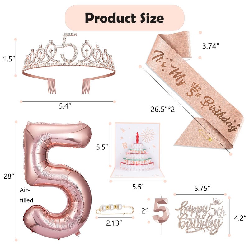 Awfrky 5th Birthday Decorations Girl  Including 5 year old Birthday Cake Topper  Birthday Queen Sash with Pearl Pin  Sweet Rhinestone Tiara Crown  Number Candles and Balloons Set  Rose Gold - Image 2